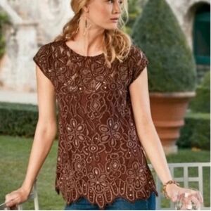 SOFT SURROUNDINGS Crochet Lace Sequin Sheer Sleeveless Top Brown Medium